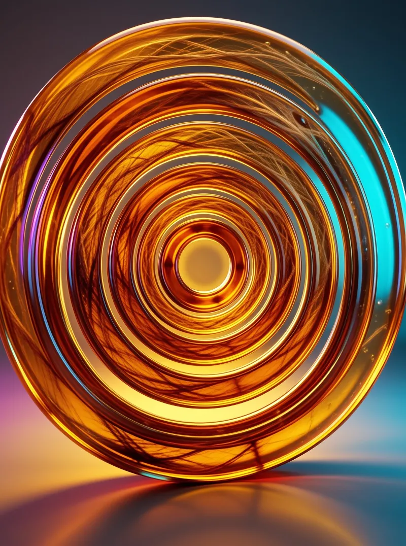 Nested golden rings swirl inside a luminous glass sphere set against a soft teal and magenta gradient.