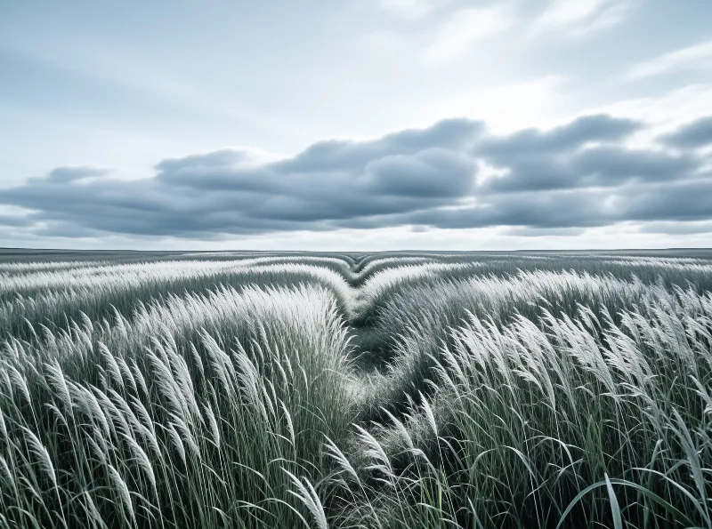 Rows of silvery plumed grass ripple across a vast field beneath a heavy grey overcast sky