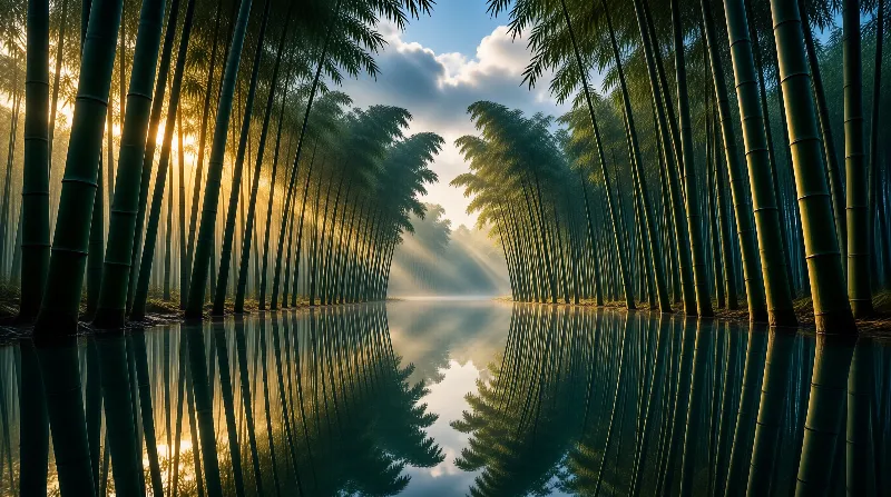 Tall green bamboo columns flank a glassy pond as sunbeams slant through low mist at first light.