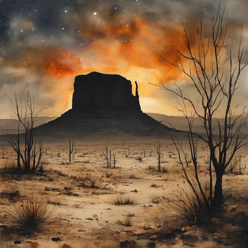 A large rock formation stands in a desolate desert landscape beneath a sky filled with stars and orange clouds.