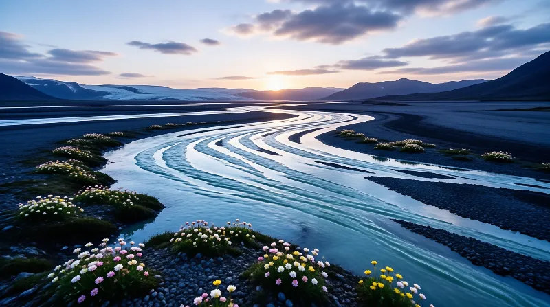 Winding channels of glacial water reflect low sun across dark volcanic gravel dotted with pink white and yellow wildflowers.