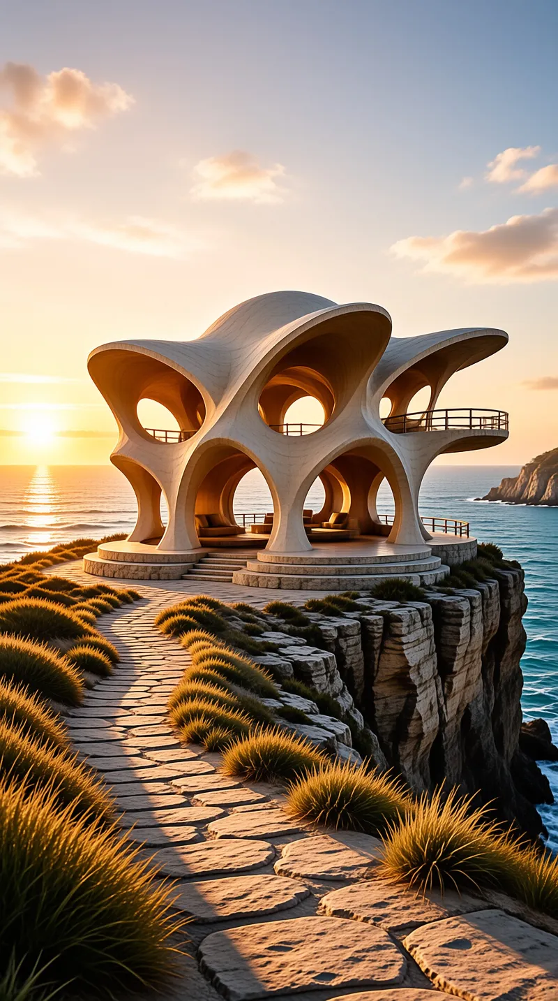 Curved white architecture with circular openings rests on a rocky coastal cliff illuminated by warm evening sunlight.