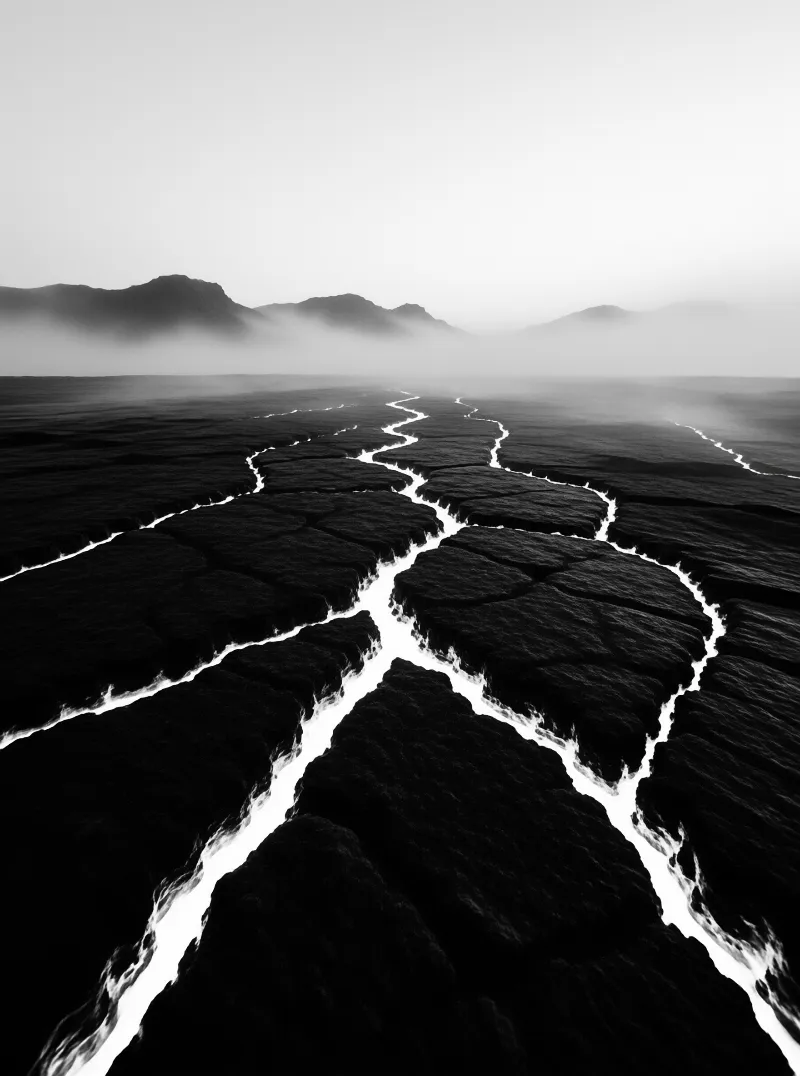 An aerial black and white view of a cracked salt flat where white channels wind toward distant foggy mountains.