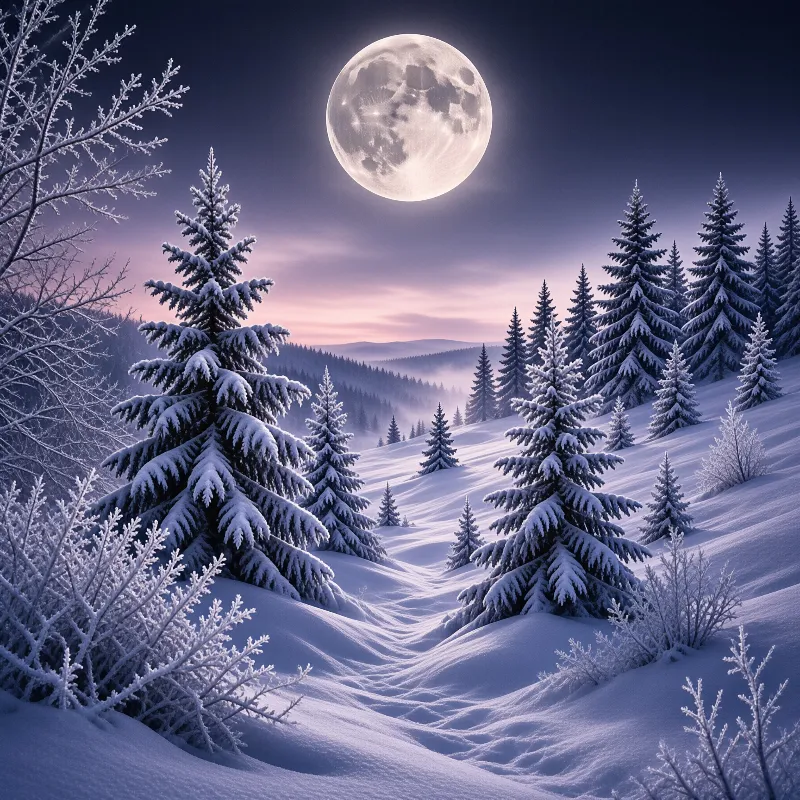 Heavy white drifts roll between frosted evergreens under a luminous winter moon and a faint pink band of dusk