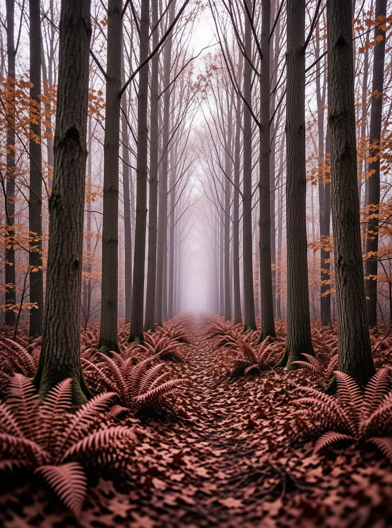 A row of tall trees stands along a path covered in reddish ferns and leaves while dense fog obscures the distant view.