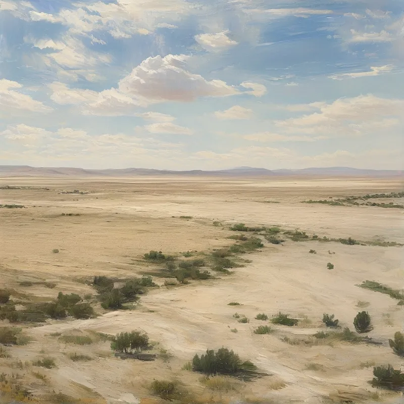 A wide expanse of dry sandy terrain dotted with small green bushes under a bright sky full of fluffy white clouds.