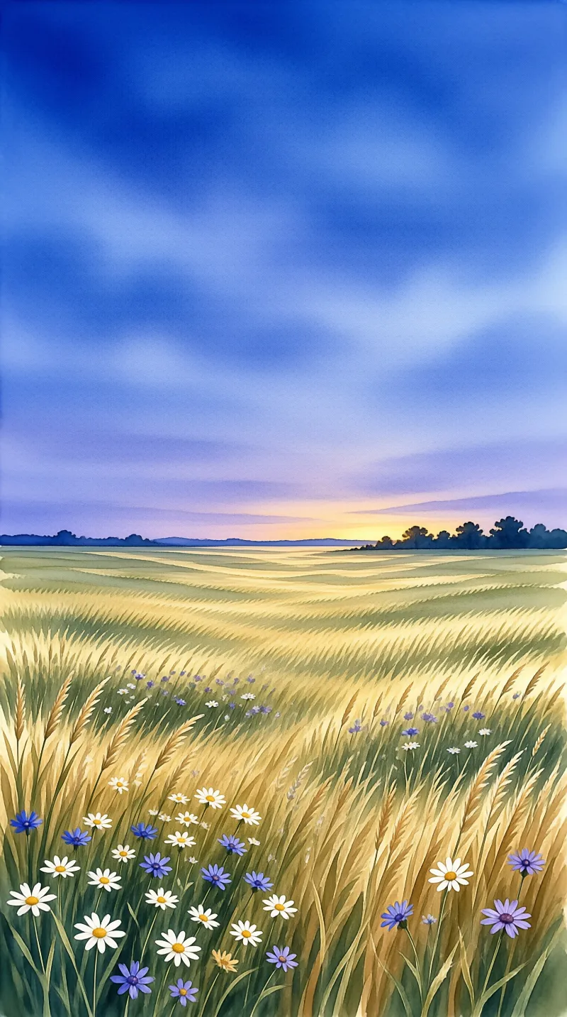 A painting of white daisies and blue cornflowers growing among ripe wheat stalks beneath a gradient sky that shifts from deep blue to warm orange near the distant tree line.