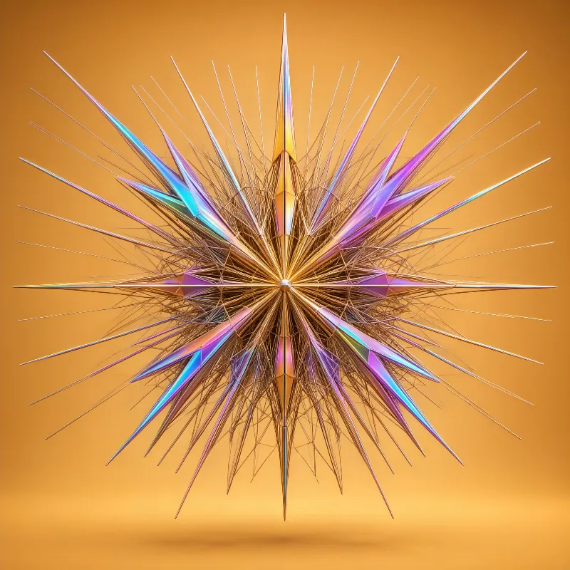 A starburst shape with multicolored iridescent spikes and fine metallic spokes floating on a warm amber background