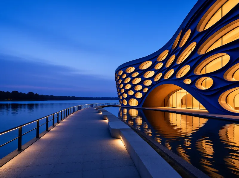 A futuristic blue structure featuring oval illuminated windows sits beside a reflecting pool during the twilight blue hour.