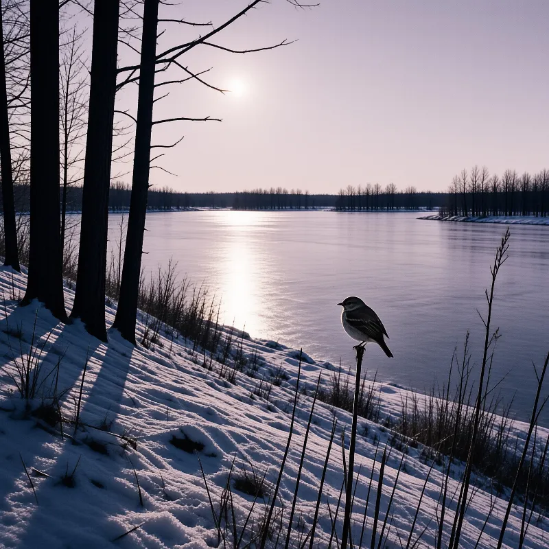 A small bird perches on a reed near a snowy bank while low sunlight reflects off a calm river between bare trees.