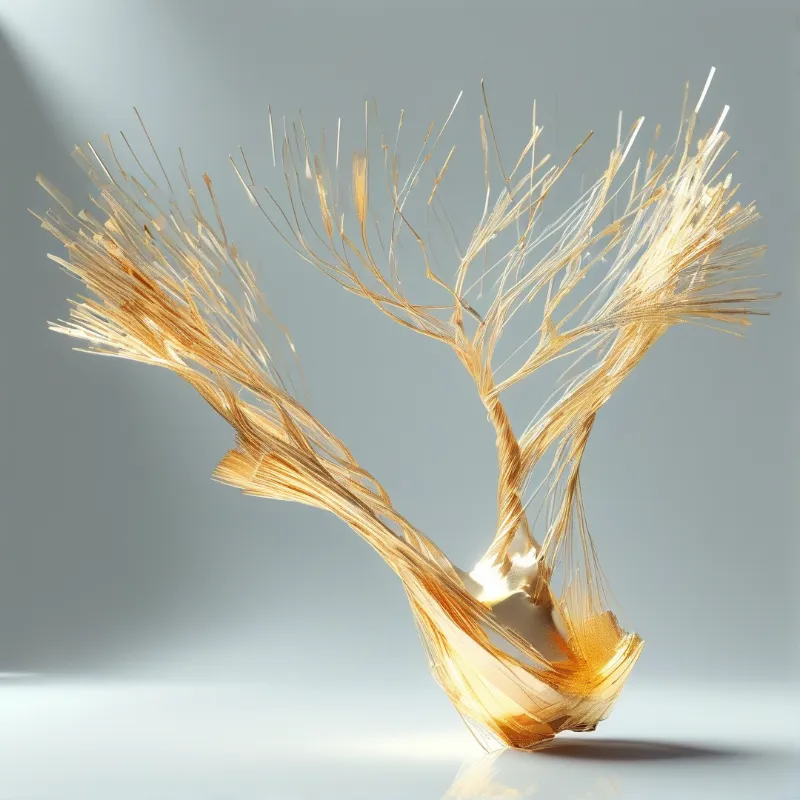 Fine strands of molten-looking amber glass fan outward from a faceted base against a soft grey studio backdrop.