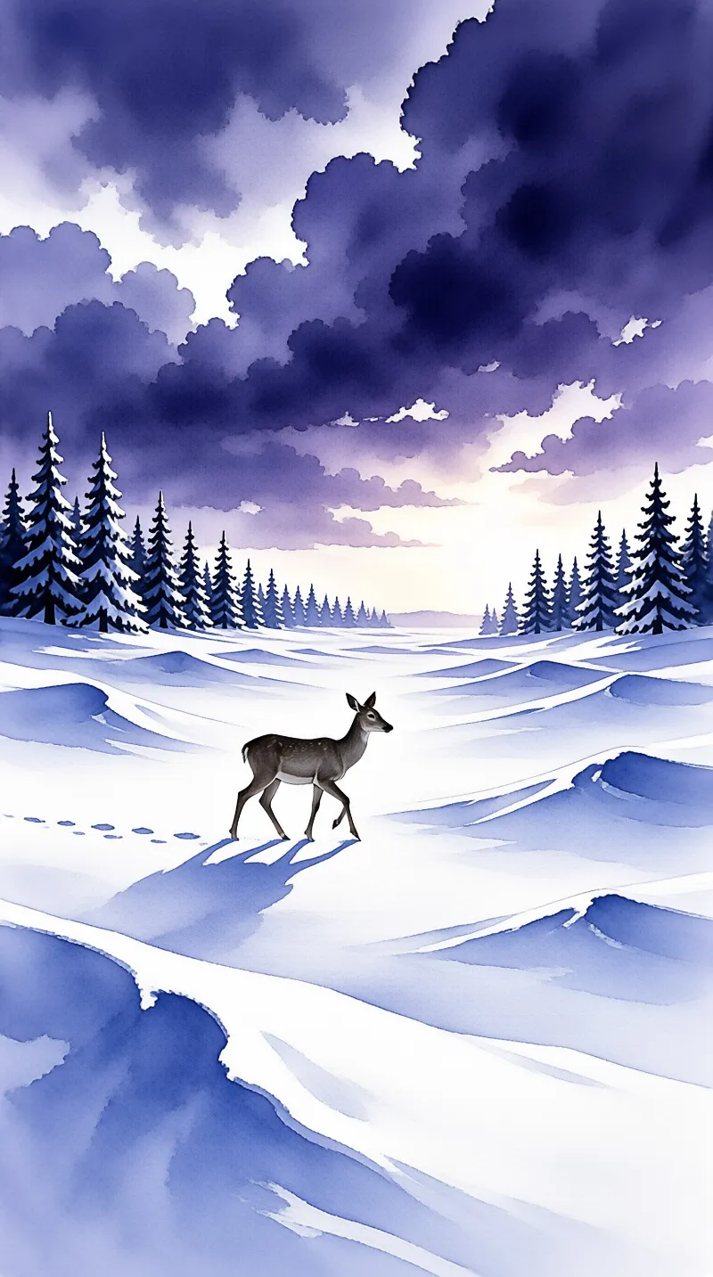 A solitary brown deer walks across a vast expanse of white snow, leaving a trail of footprints behind it while dense evergreen forests line the horizon beneath a dramatic sky filled with dark purple and blue clouds.