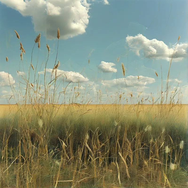 Painterly landscape of tall dry grasses before a golden field under a bright blue sky scattered with soft white clouds