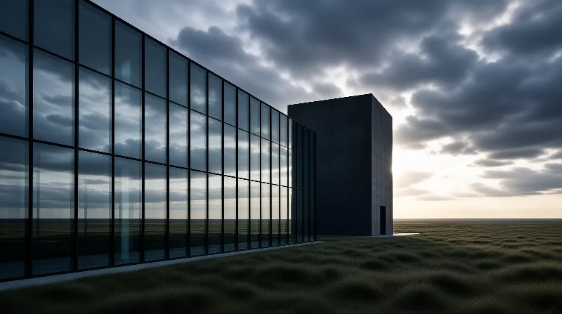 A large glass facade building stands on open dry grassland under a heavy overcast sky at twilight.