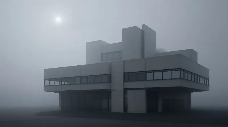 Modern Building in Dense Fog