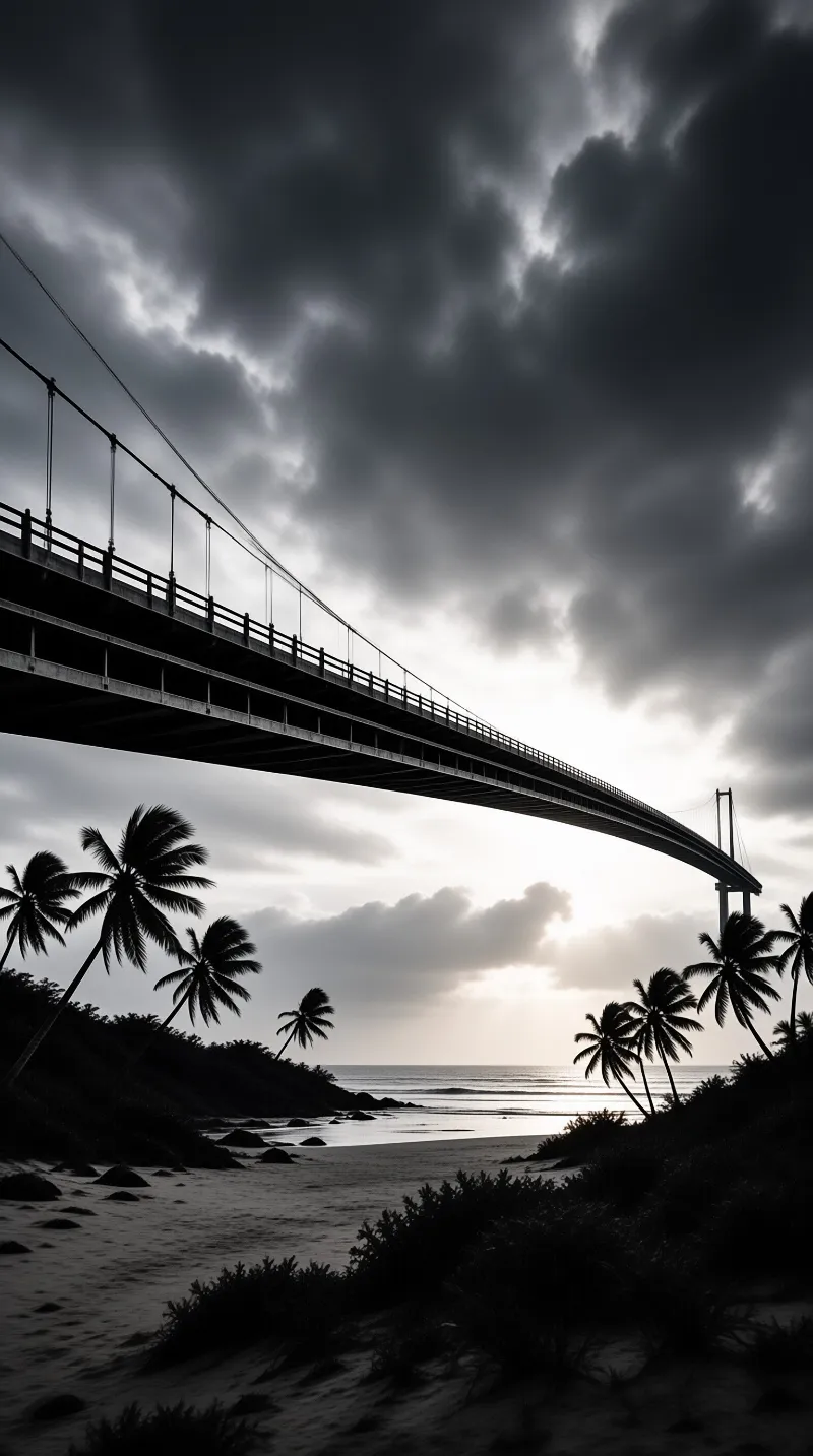A massive bridge stretches above a tropical coastline with silhouetted palm trees in the foreground under heavy clouds.