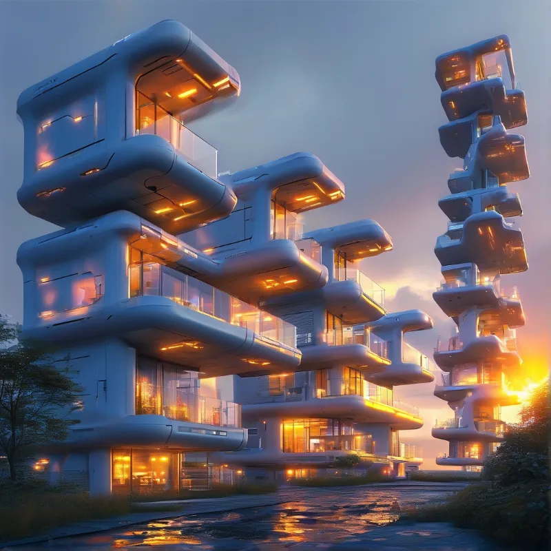 White pod structures stack irregularly against a twilight sky, glowing with warm orange light reflecting on wet pavement.