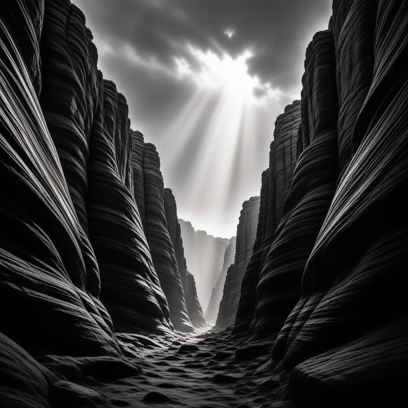 Ribbons of pale light pour between towering canyon walls carved with swirling stone layers