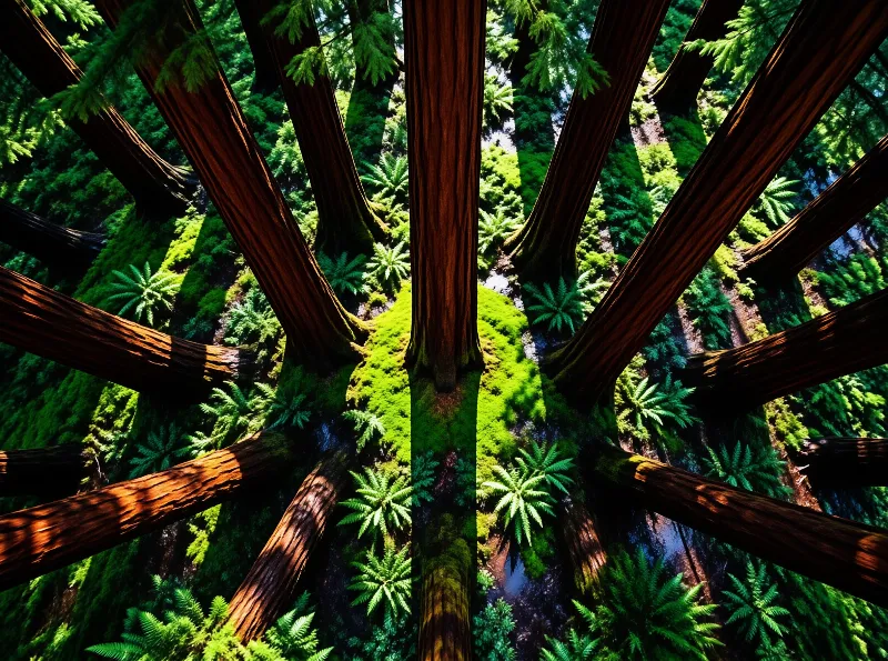 Giant tree trunks reach upward through a lush forest floor covered in bright green moss and ferns.