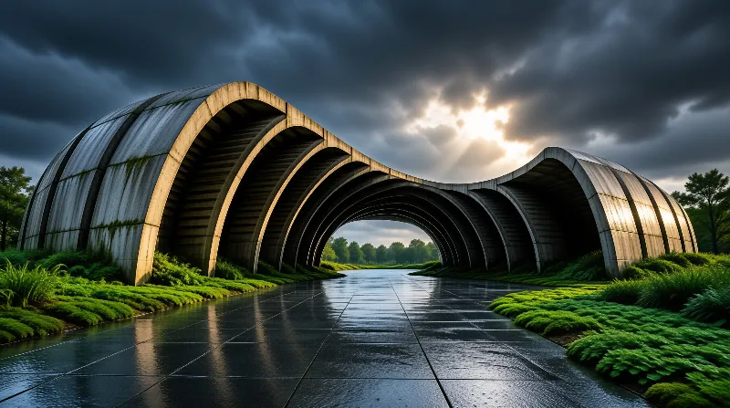 A massive concrete ribbed arch spans a wet reflective pathway, framed by greenery, as sunlight breaks through dark clouds.
