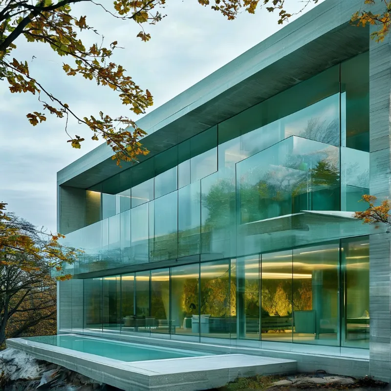Sheets of teal glass wrap a hillside home where an infinity pool meets turning oak leaves.