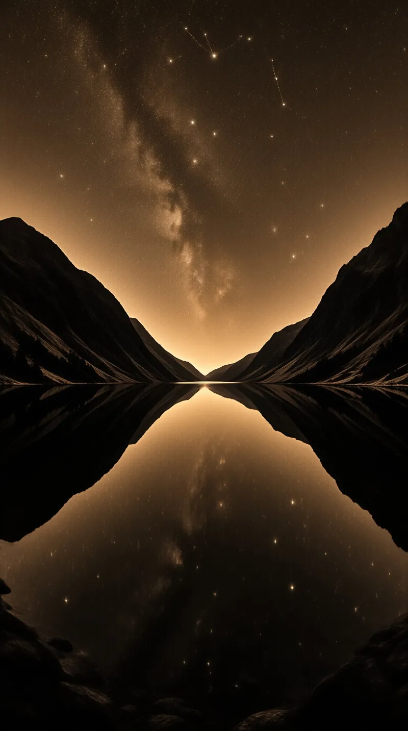 Dark peaks frame a still lake that mirrors the warm amber glow of a star-filled night sky in perfect symmetry.