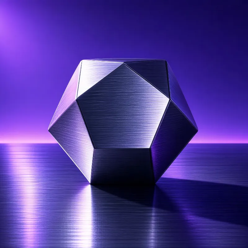 A metallic dodecahedron with brushed surfaces rests on a reflective surface, which mirrors the purple background and highlights its geometric shape