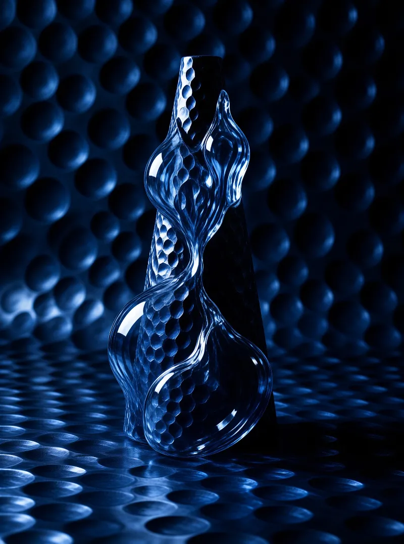 A twisted glass object with internal bubbles stands on a blue surface against a patterned wall.