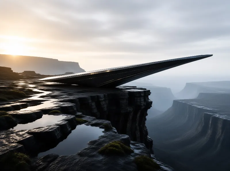 A sleek dark wedge-shaped structure juts out over a rocky cliff edge with reflective pools and a misty canyon below