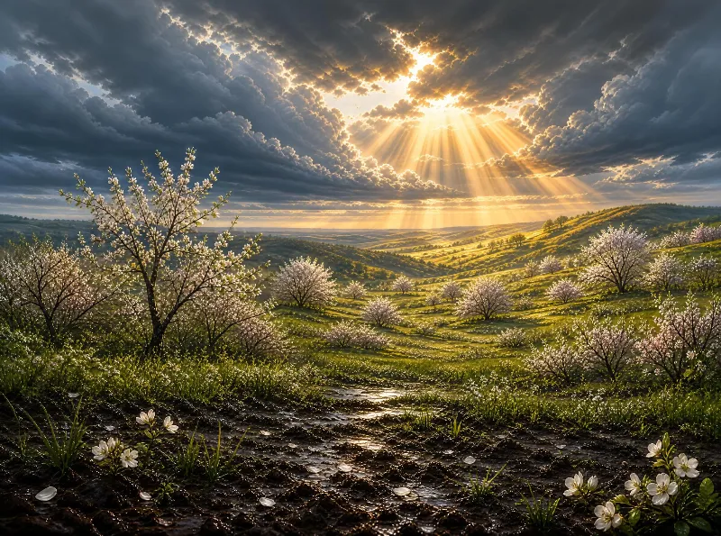 A landscape with blossoming trees scattered across rolling green hills beneath a sky where sun rays burst through clouds, illuminating the scene.