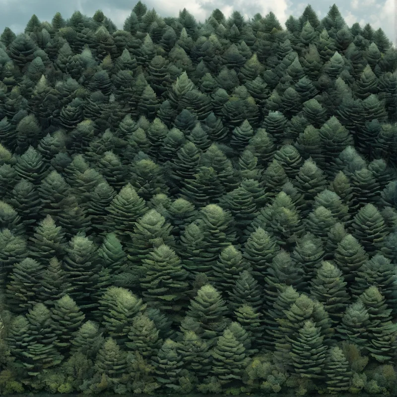 Densely packed green coniferous treetops fill the frame with a small sliver of grey cloudy sky visible at the top edge.