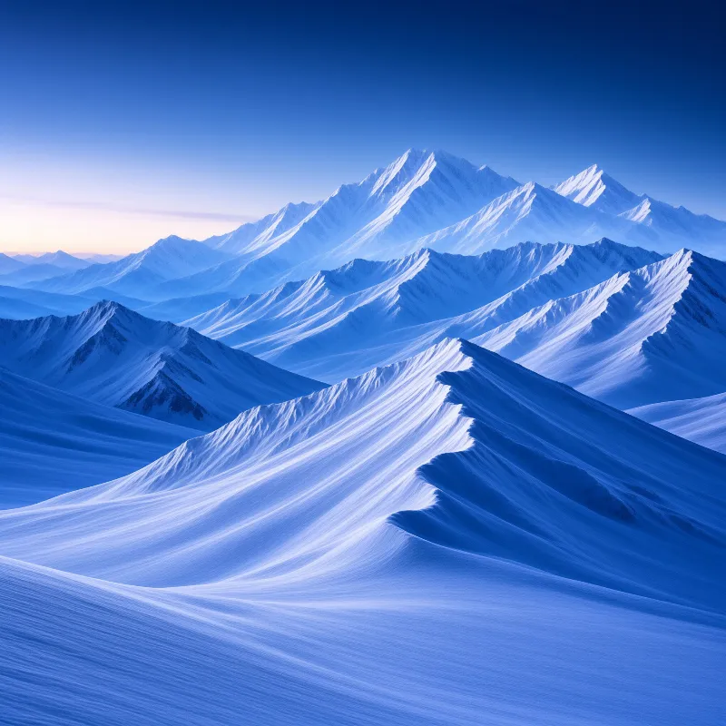 A vast landscape of snow-covered mountain ridges displays wind-blown patterns under a deep blue twilight sky.