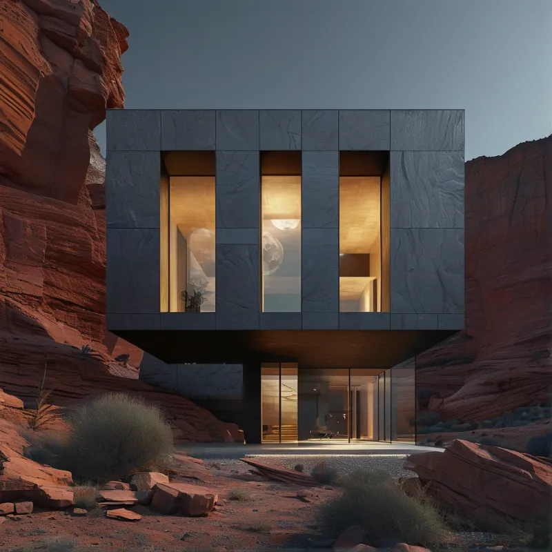 A dark geometric building stands between red sandstone cliffs with warm glowing windows against the evening sky.