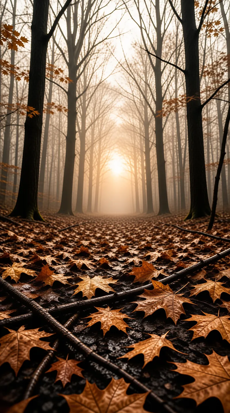 A carpet of orange maple leaves stretches between tall bare trunks as low sunlight filters through autumn mist.