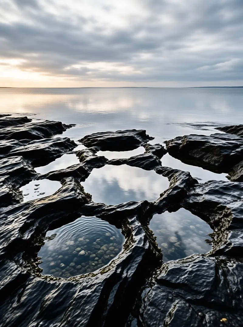 Wet rocky shore features tide pools reflecting the cloudy sky and distant horizon at sunset