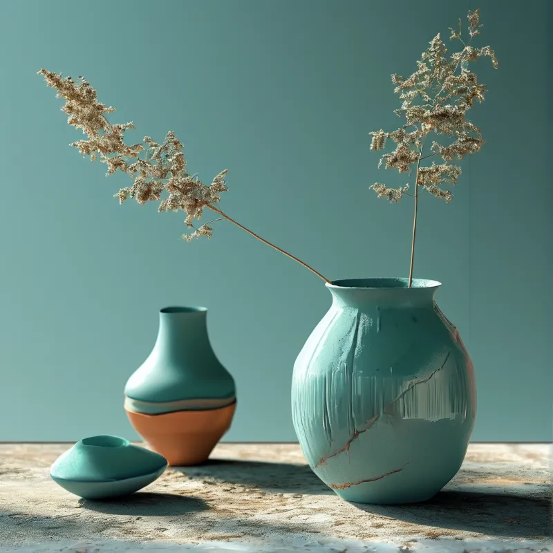 Three glazed pots in muted turquoise and clay orange hold feathery dried seed heads on a sunlit stone shelf.