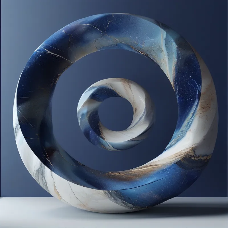 Large blue and white marble ring with a smaller floating sphere inside, set against a blue background with soft studio lighting.