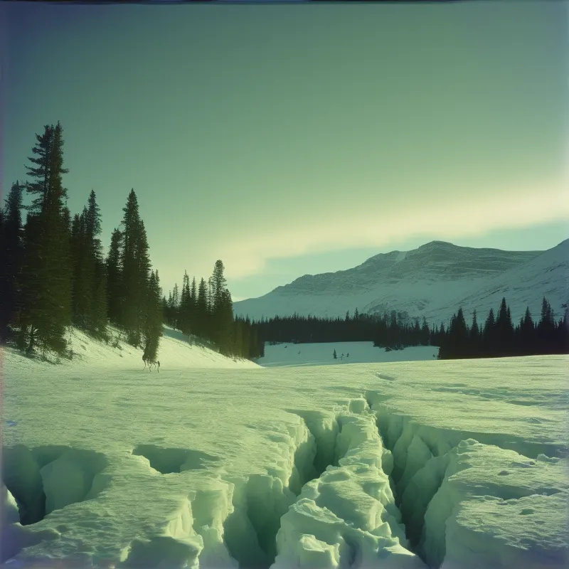 Deep crevasses cut through a snow-covered glacier while evergreen trees stand on the left side under a pale green sky.