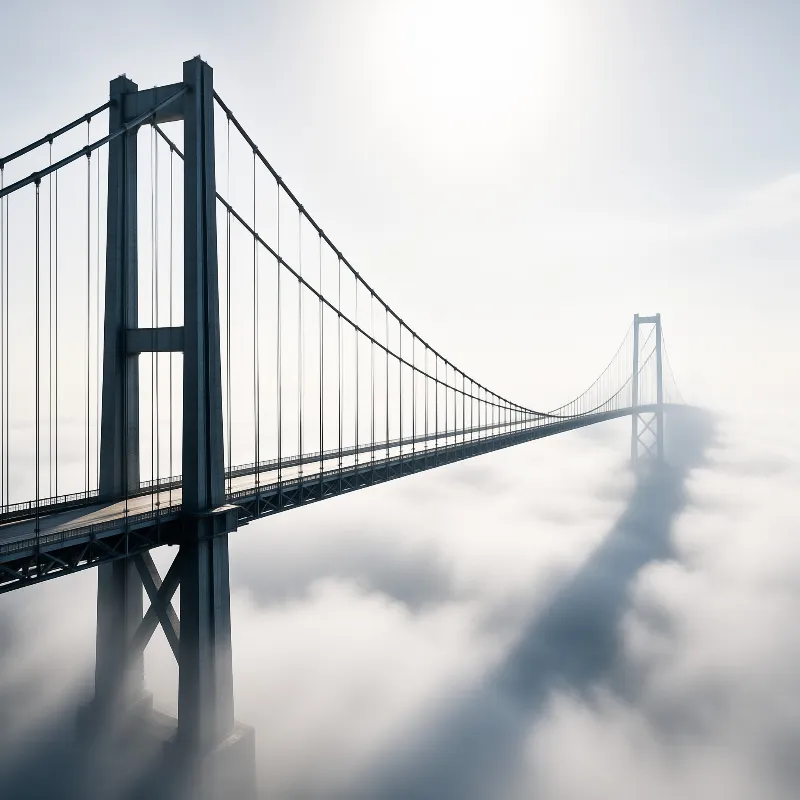 A steel suspension bridge rises from thick fog with its towers and cables stretching across a misty landscape.