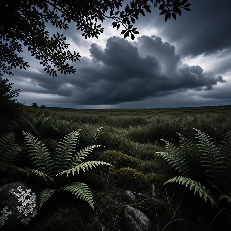Fern fronds and moss covered boulders sit under a heavy storm sky at the edge of the moor.