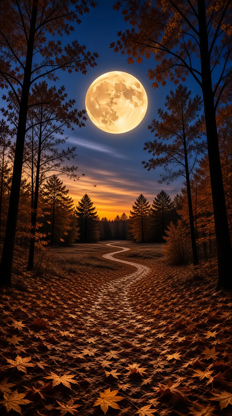 A giant full moon glows above a winding forest path covered in fallen autumn leaves at dusk.