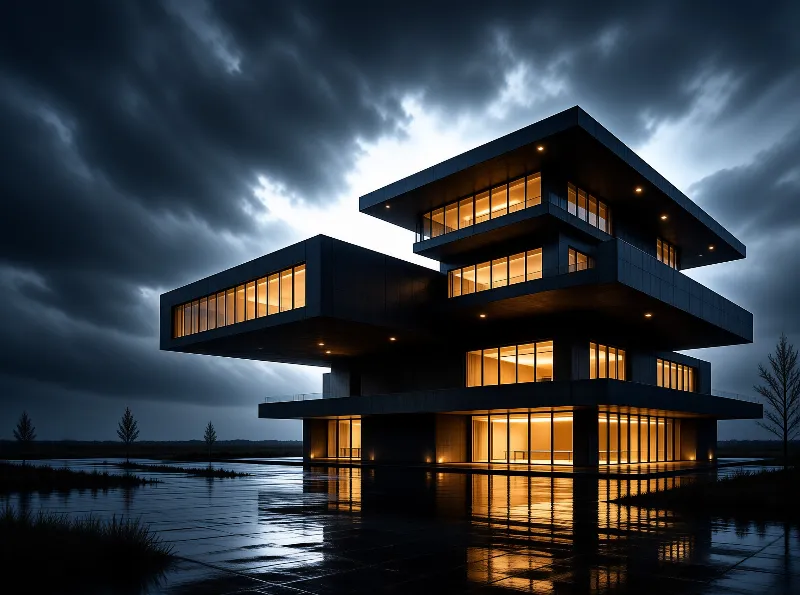 Contemporary multi-story structure with warm windows stands beside wet pavement reflecting its glow beneath clouds.