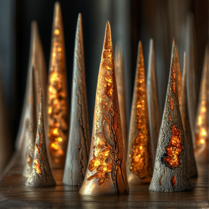 A row of textured stone pillars standing on a wooden surface, featuring internal orange glows within their rough surfaces.