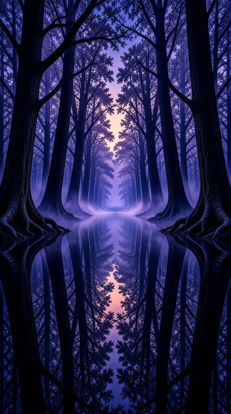 Tall dark trees line a calm purple river reflecting the orange horizon light in a misty atmosphere.