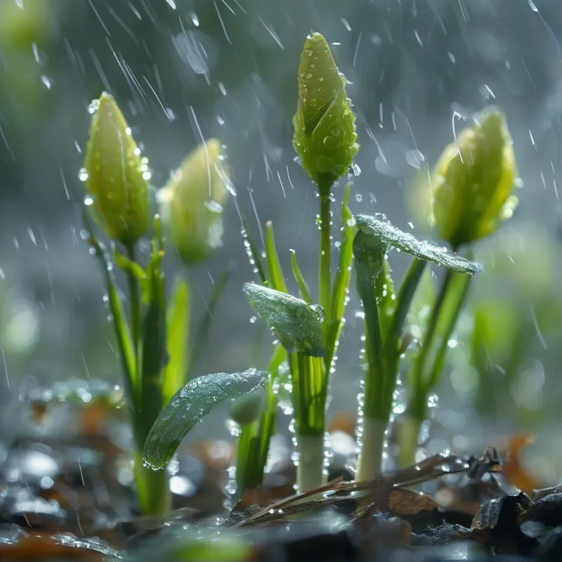 Green plant stems stand upright in the rain, with water droplets clinging to their buds and leaves.