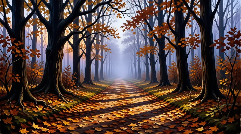 A dirt road winds through a misty forest where tall trees stand on either side and the ground is thick with fallen leaves.