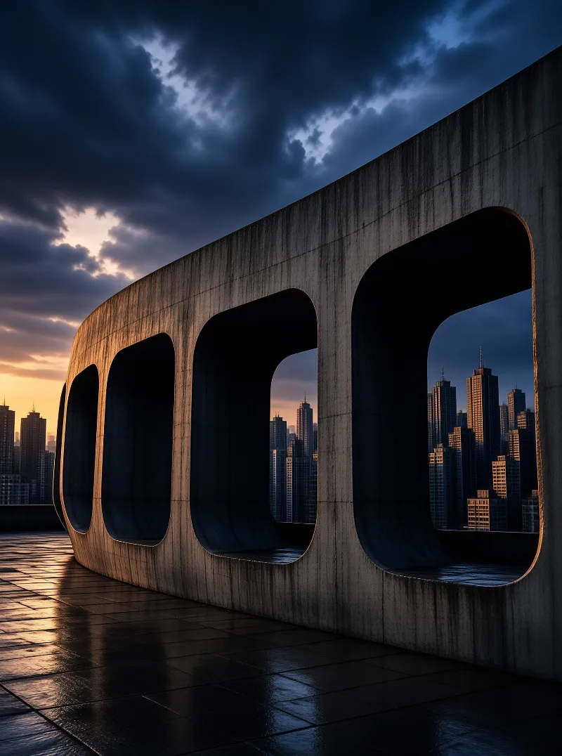 Curved Concrete Wall at Dusk