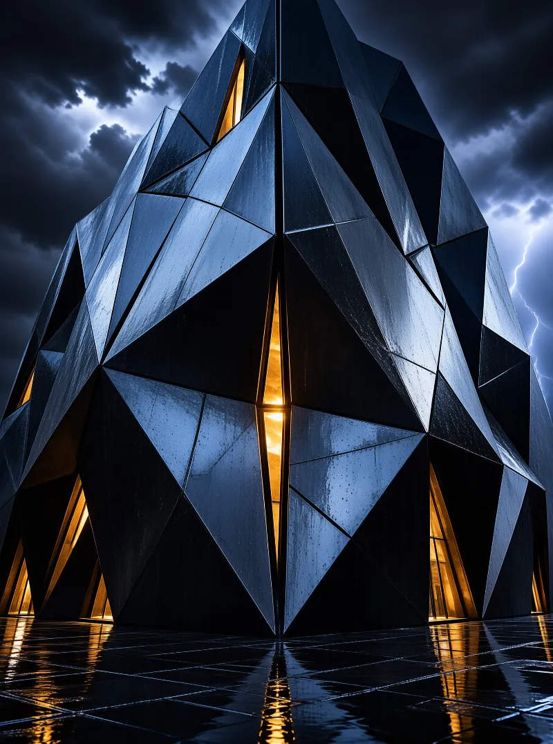 Faceted metal tower emits warm light from gaps while lightning strikes the stormy sky above wet pavement.