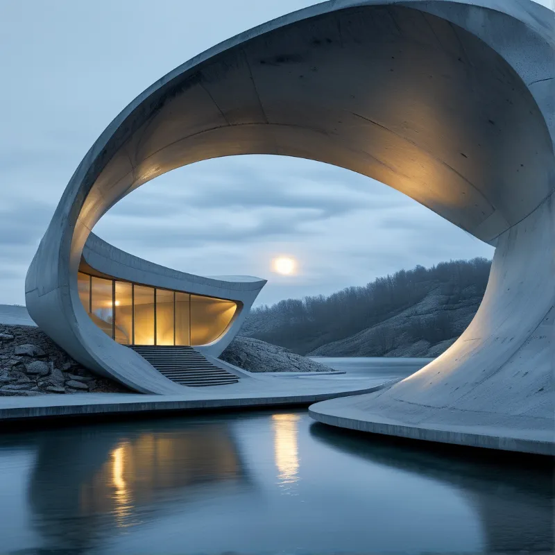 A sweeping white concrete arch frames a warmly lit building beside a calm lake under a pale winter sun.