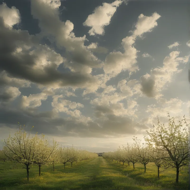 Rows of white flowering trees line a grassy path leading toward a horizon beneath a dramatic sky of sunlit clouds.
